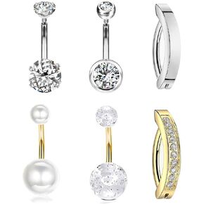 6pcs G23 Solid Titanium Belly Button Rings Silver Internally Threaded Reverse Curved Clicker Hoop Belly Ring 14G Gold Hypoallergenic Belly Button Piercing For Women Navel Piercing Jewelry Pack