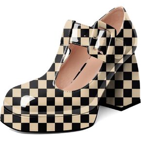YODEKS Women's High Heels Square Toe Mary Jane Pumps Chunky Heel Platform Dress Shoes