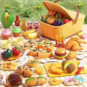 80pcs Pretend Play Food for Kids, Cutting Toy Food Set with Picnic Baske, Play Kitchen Accessories, Food Toys with Veggies, Fruits, Pizza Toy for Boys Girls Gift