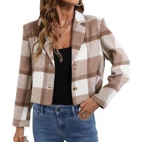 Merryfun Womens Flannel Cropped Shacket Jacket Fashion Lapel Plaid Coats Button Down Casual Blazer Winter Fall Outfits 2024