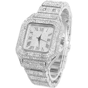 Halukakah Square Dial Diamonds Gold Watch Iced Out, Men's 18k Real Gold/Platinum White Gold Plated Quartz Wristband 9.5", with Cuban Link Necklace Bracelet Set Options, Free Giftbox