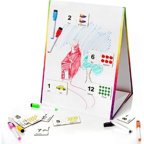 Kids Self-Standing Double-Sided Tabletop Magnetic Easel Dry Erase White Board. Includes 8 Dry Erase Markers + Educational Magnetic Numbers Puzzle (Easel + Puzzle)