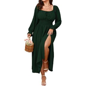 Women's Plus Size Dress Long Sleeve Smocked Dress Square Neck Tie Front Split A-Line Maxi Long Dresses