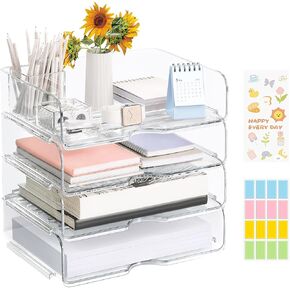 4 Pcs Paper Organizer Letter Tray for Desk, Stackable Clear File Organizer with Label and Sticker for Office, Acrylic Multipurpose A4 Size Paper Holder for Ipad Books Notes Magazine Receipts
