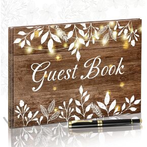 Wood Grain Wedding Guest Book with Pen for Wedding Decor Birthday Rustic Leaves Visitors Book for Anniversary Funeral White Leaves Bridal Shower Wood Grain Guestbook Signing Rustic Decor