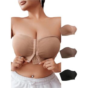 SOLY HUX Women's Plus Size Seamless Front Closure Bandeau Bra Push Up Wireless Strapless Bralettes 3 Piece Set