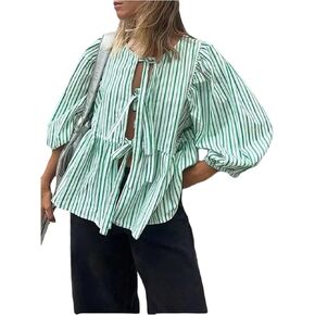 SHENHE Women's Tie Front Blouse Puff Sleeve Peplum Ruffle Hem Babydoll Bow Lace Up Shirts
