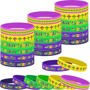 Lesnala 48 Pcs Mardi Gras silicone bracelets Mardi Gras carnival wristbands Mardi Gras themed party rubber bracelets for Mardi Gras Carnival Birthday Party Favors Goodie Bag Stuffers Fillers Supplies