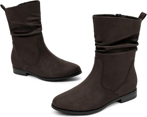 VJH confort Women's Mid Calf Boots, Almond Round Toe Low Heel Comfort Dress Slouchy Booties in Saudi Arabia