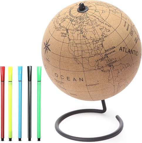 Small Color-in Cork Globe with 5 Different Colored Markers & Durable Steel Base | Great for Mapping Travels & Educational Purposes | Does Not Have Plastic Strip Like Most in Kuwait