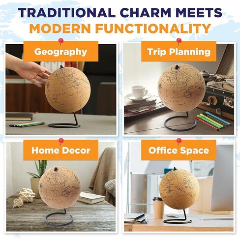 Small Color-in Cork Globe with 5 Different Colored Markers & Durable Steel Base | Great for Mapping Travels & Educational Purposes | Does Not Have Plastic Strip Like Most in Kuwait