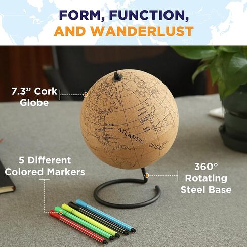 Small Color-in Cork Globe with 5 Different Colored Markers & Durable Steel Base | Great for Mapping Travels & Educational Purposes | Does Not Have Plastic Strip Like Most in Kuwait