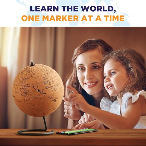 Small Color-in Cork Globe with 5 Different Colored Markers & Durable Steel Base | Great for Mapping Travels & Educational Purposes | Does Not Have Plastic Strip Like Most in Kuwait