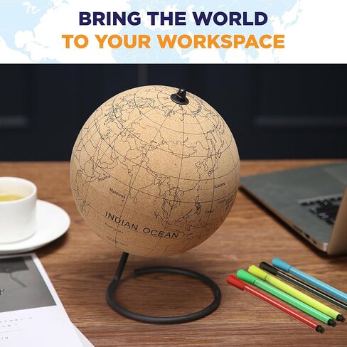 Small Color-in Cork Globe with 5 Different Colored Markers & Durable Steel Base | Great for Mapping Travels & Educational Purposes | Does Not Have Plastic Strip Like Most in Kuwait