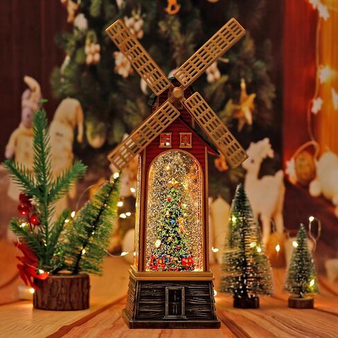 Windmill Christmas Snow Globe, USB or Battery Operated Sparkly Glitter Christmas Tree Snow Globe Lantern with Musics for Christmas Decorations and Snow Globe Collection in Saudi Arabia