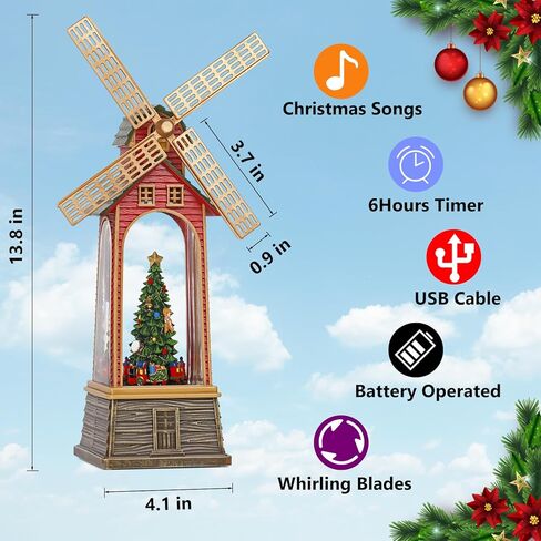 Windmill Christmas Snow Globe, USB or Battery Operated Sparkly Glitter Christmas Tree Snow Globe Lantern with Musics for Christmas Decorations and Snow Globe Collection in Saudi Arabia