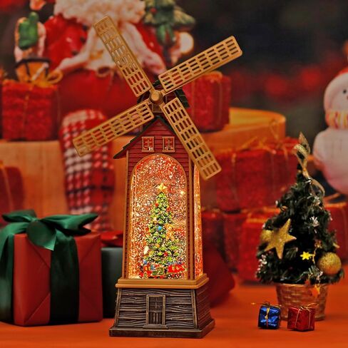 Windmill Christmas Snow Globe, USB or Battery Operated Sparkly Glitter Christmas Tree Snow Globe Lantern with Musics for Christmas Decorations and Snow Globe Collection in Saudi Arabia