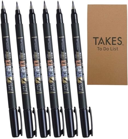 Fudenosuke Brush Pen Black x6-pen pack, with Takes To Do List Notepad - Calligraphy Pens for Writing and Art Drawings (3x Soft + 3x Hard) in Kuwait