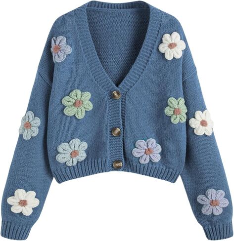 CIDER Women’s Floral Cropped Cardigan Cute Flower V Neck Button Down Trendy Sweater in Kuwait