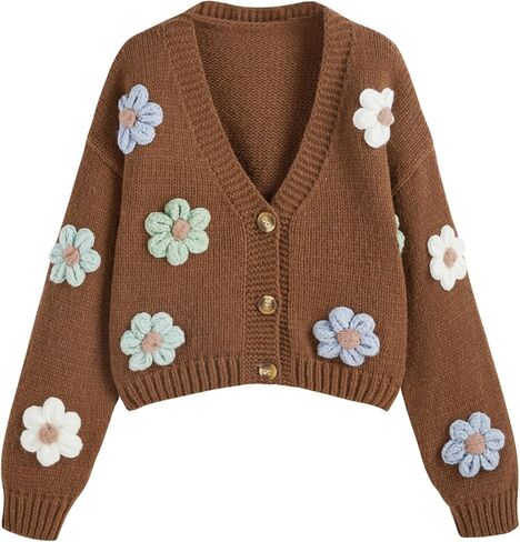 CIDER Women’s Floral Cropped Cardigan Cute Flower V Neck Button Down Trendy Sweater in Kuwait