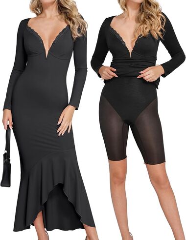 Popilush Shapewear Dress Long Sleeve Wedding Guest Dress Lace Trim Fall Mermaid Maxi Dress in Saudi Arabia