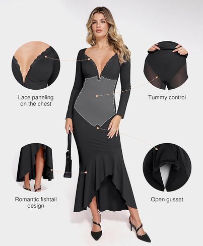 Popilush Shapewear Dress Long Sleeve Wedding Guest Dress Lace Trim Fall Mermaid Maxi Dress in Saudi Arabia