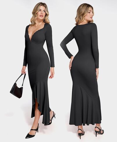 Popilush Shapewear Dress Long Sleeve Wedding Guest Dress Lace Trim Fall Mermaid Maxi Dress in Saudi Arabia