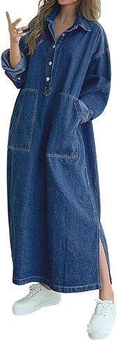 Jofemuho Womens Spring Fall Long Sleeve Denim Dress Maxi Shirt Dress with Split in Saudi Arabia