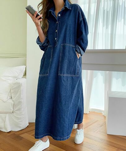Jofemuho Womens Spring Fall Long Sleeve Denim Dress Maxi Shirt Dress with Split in Saudi Arabia