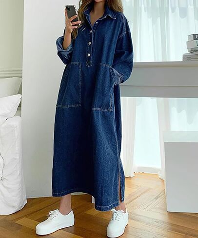 Jofemuho Womens Spring Fall Long Sleeve Denim Dress Maxi Shirt Dress with Split in Saudi Arabia