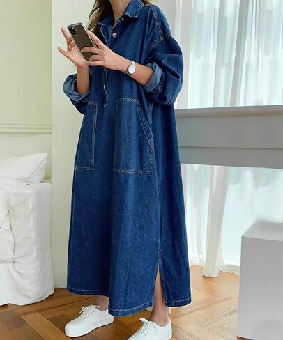 Jofemuho Womens Spring Fall Long Sleeve Denim Dress Maxi Shirt Dress with Split in Saudi Arabia
