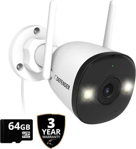 Defender AI Powered Guard Pro 4K 8MP WiFi 6/Bluetooth، التوصيل والتشغيل في الهواء الطلق كاميرا مراقبة منزلية، كشف ذكي عن الإنسان/المركبة، رؤية ليلية ملونة، مع بطاقة SD سعة 32 جيجابايت in Kuwait