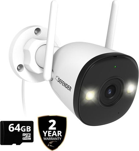 Defender AI Powered Guard Pro 4K 8MP WiFi 6/Bluetooth، التوصيل والتشغيل في الهواء الطلق كاميرا مراقبة منزلية، كشف ذكي عن الإنسان/المركبة، رؤية ليلية ملونة، مع بطاقة SD سعة 32 جيجابايت in Kuwait