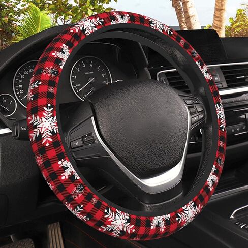 Christmas Snowflakes Steering Wheel Cover,Buffalo Plaid Elastic Non-Slip Steering Wheel Protector,Auto Interior Decor for Women Girls,Universal 15" Fit for Sedans,Trucks in Saudi Arabia