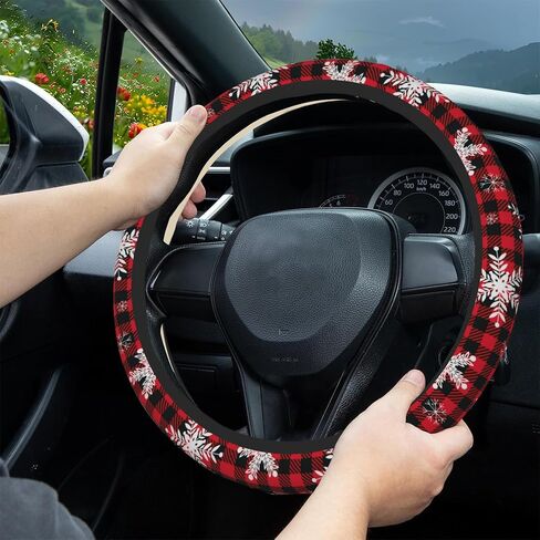 Christmas Snowflakes Steering Wheel Cover,Buffalo Plaid Elastic Non-Slip Steering Wheel Protector,Auto Interior Decor for Women Girls,Universal 15" Fit for Sedans,Trucks in Saudi Arabia