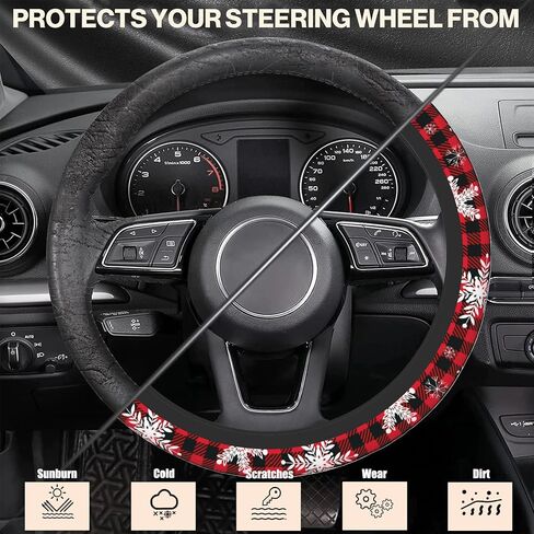 Christmas Snowflakes Steering Wheel Cover,Buffalo Plaid Elastic Non-Slip Steering Wheel Protector,Auto Interior Decor for Women Girls,Universal 15" Fit for Sedans,Trucks in Saudi Arabia