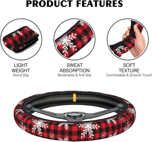 Christmas Snowflakes Steering Wheel Cover,Buffalo Plaid Elastic Non-Slip Steering Wheel Protector,Auto Interior Decor for Women Girls,Universal 15" Fit for Sedans,Trucks in Saudi Arabia