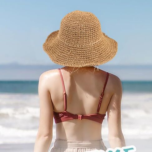 Womens Floppy Straw Sun Hat Foldable Roll up Wide Brim Beach Caps for Women, Crochet Bucket Hat in Saudi Arabia