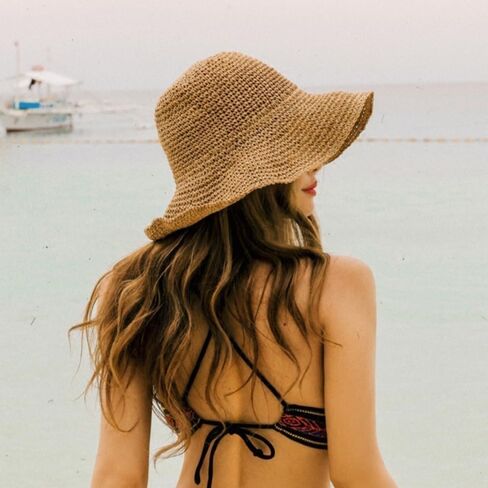 Womens Floppy Straw Sun Hat Foldable Roll up Wide Brim Beach Caps for Women, Crochet Bucket Hat in Saudi Arabia
