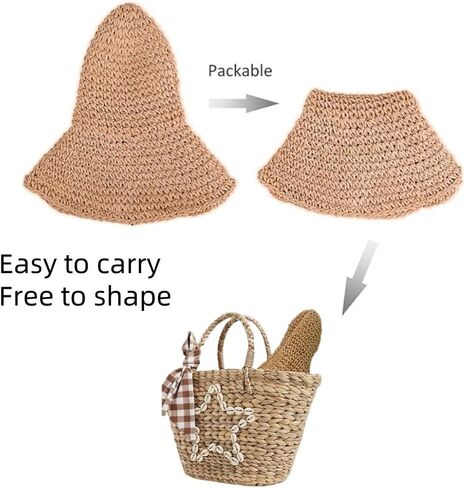 Womens Floppy Straw Sun Hat Foldable Roll up Wide Brim Beach Caps for Women, Crochet Bucket Hat in Saudi Arabia