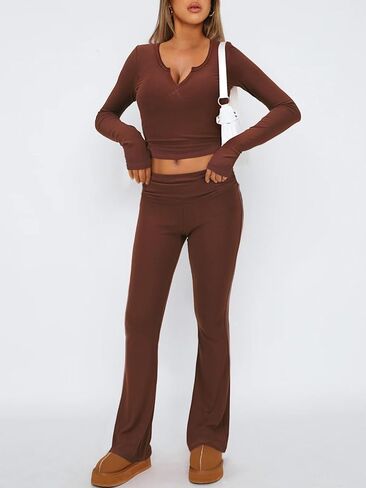 FAIRY SEASON Womens 2 Piece Lounge Sets Slim Fit V Neck Long Sleeve Top Fold Over Yoga Flare Pants Pajamas Loungewear Outfits in Kuwait