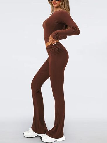 FAIRY SEASON Womens 2 Piece Lounge Sets Slim Fit V Neck Long Sleeve Top Fold Over Yoga Flare Pants Pajamas Loungewear Outfits in Kuwait