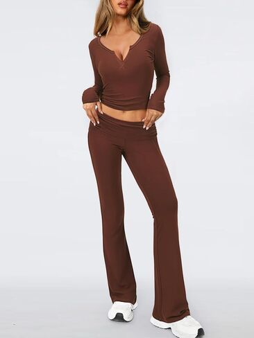 FAIRY SEASON Womens 2 Piece Lounge Sets Slim Fit V Neck Long Sleeve Top Fold Over Yoga Flare Pants Pajamas Loungewear Outfits in Kuwait