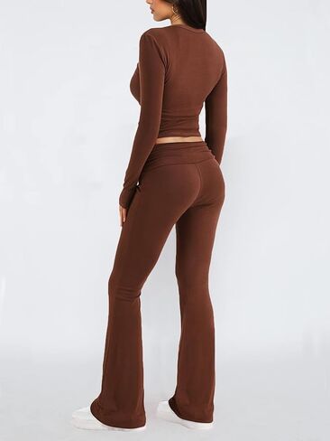 FAIRY SEASON Womens 2 Piece Lounge Sets Slim Fit V Neck Long Sleeve Top Fold Over Yoga Flare Pants Pajamas Loungewear Outfits in Kuwait