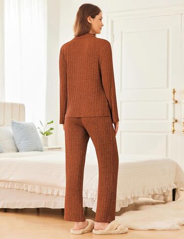 Ekouaer Womens Ribbed Knit Pajama Sets 2 Piece Lounge Set Long Sleeve Button Down Pjs Sleepwear Set with Pockets in Saudi Arabia