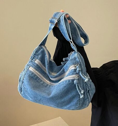 Women's Retro Large Canvas Denim Shoulder Bag Denim Crossbody Handbags Casual Style Lightweight Tote Purse in Kuwait
