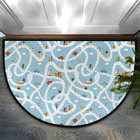 Kids Play Mat Cars Traffic Road House Map Carpet for Playroom Half Round Door Mat Soft Non-Slip Washable Half Circle Kitchen Bath Mat for Floor 36" x 24" Area Rugs in Saudi Arabia