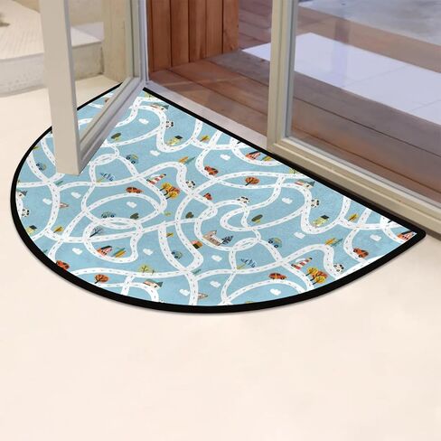 Kids Play Mat Cars Traffic Road House Map Carpet for Playroom Half Round Door Mat Soft Non-Slip Washable Half Circle Kitchen Bath Mat for Floor 36" x 24" Area Rugs in Saudi Arabia