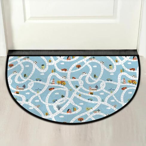 Kids Play Mat Cars Traffic Road House Map Carpet for Playroom Half Round Door Mat Soft Non-Slip Washable Half Circle Kitchen Bath Mat for Floor 36" x 24" Area Rugs in Saudi Arabia