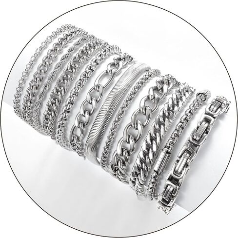 12PCS Stainless Steel Cuban Link Chain Bracelets for Men Women Gold Figaro Rope Chain Men's Curb Chain Bracelets Set Box Square Rolo Twisted Wrist Bracelets 7.5/8.3/9inch in Kuwait
